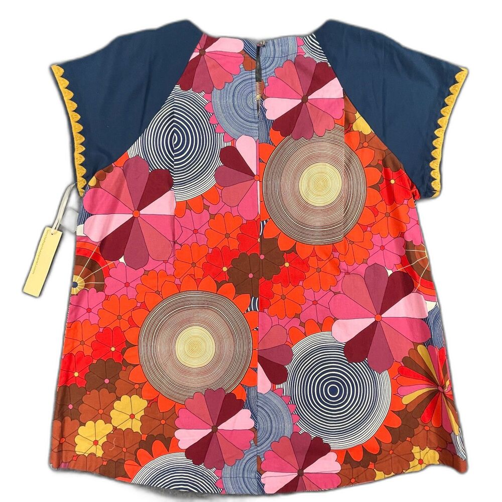Uncle Frank Retro Geometric Floral Pink Blue Cotton Top S 70's Tunic Festival - Picture 2 of 9